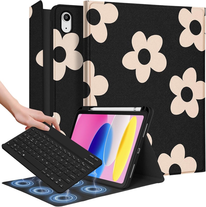 Wazzasoft for iPad 10th Generation Case with Keyboard - for iPad A16 Cases Pencil Holder 10.9 Inch Cover Women Girls Cute Girly Black Flower Unique Design Funda for Apple Tablet 10th/11th gen - Image 1